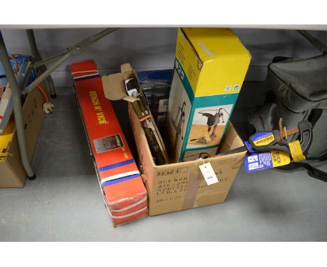 A Wolfcraft drill stand, in box; Easy Rider rollers set, in box; Quick Grip regular bar clamp; Bench n’ Vice BV-1000, in box;