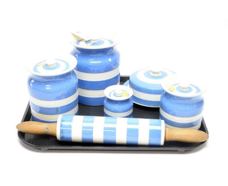 A collection of blue and white striped Cornish Kitchen Ware, by T.G. Green &amp; Co, including: four various kitchen storage 