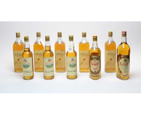 A collection of bottles of whisky, including: three bottles of Highland Earl Blended Scotch Whisky; two bottles of William Gr