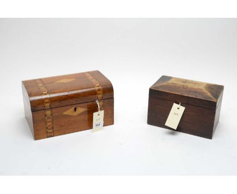 An Edwardian inlaid walnut jewellery box, with black upholstered interior, 25cms wide; together with an oak tea caddy. (2)