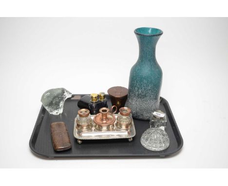 A collection of desk accessories, including: silver plated copper inkstand, fitted with chamber candlestick, two jars and pen