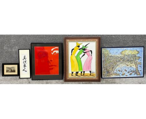 Five various artworks to include a photographic print after Harald Slott-Møller (1864-1937), a Japanese 21st century ink brus