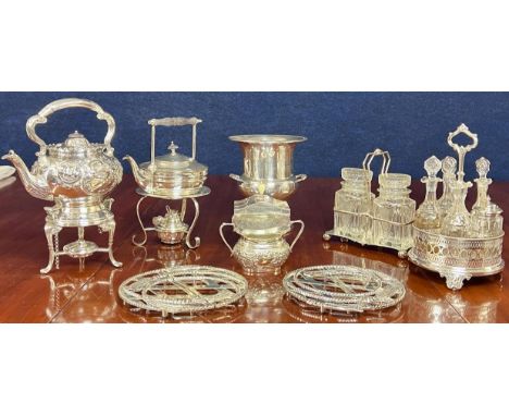 A mixed collection of good silver plated items to include, spirit kettles, wine cooler, lidded caddy etc.