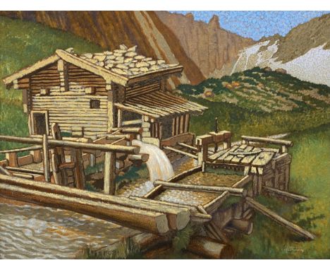 A signed impressionist style oil on board, 'Tyrolean Water Mill', by Vivian Bewick in a pine frame. H.54 W.68cm
