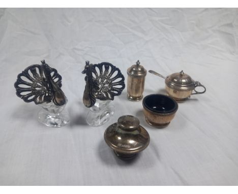 A hallmarked silver condiment set, a hallmarked silver stopper and a pair of white metal and crystal salts in the form of pea