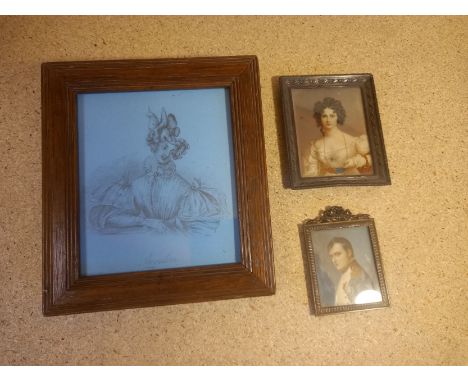 A 19th century signed pencil portrait of a lady, along with two 19th century miniature paintings (one of Napoleon) in white m