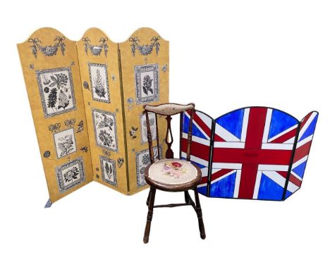 Two screens and a single upholstered stick back chair.  (one 3 fold screen depicting floral prints 128 cm, H x 120m cm W, 1 u