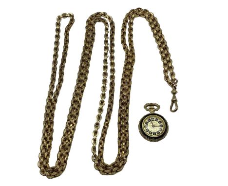 A yellow metal long gaurd watch chain marked 9ct to lobster clasp together with a yellow metal and enamel ladies watch 27g. 