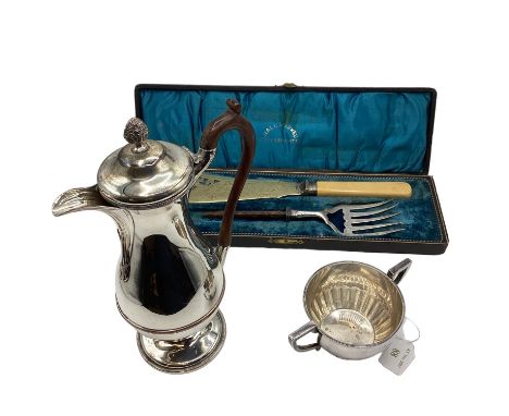 An Oriental white metal sugar bowl, and a plated coffee pot and boxed fish slice, as found 