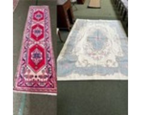 Two rugs: one modern cream ground floral rug with light blue and pink rose pattern 180 x 275cm; and a small runner, cream gro