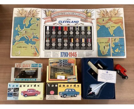 A collection of toy model cars and planes , vanguard etc. together with a Cleveland Historic campaign medal 1793=1945. 
