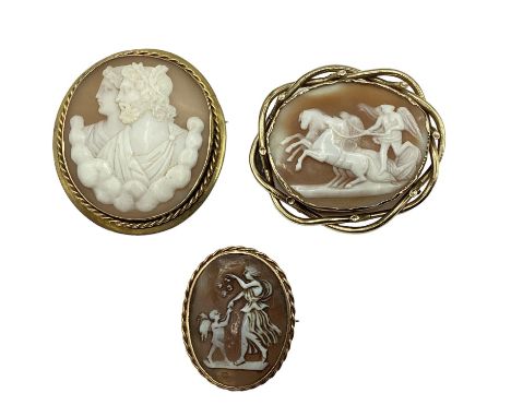 Three unmarked yellow metal mounted shell cameo broaches  depicting classical scenes, largest 6cm x 5cm 