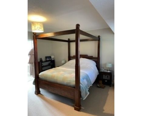 A Lombok Indonesian Teak King Size Bed, four poster, retailed at £1395, chunky square posts, 3 slats to headboard, 212 cm hig