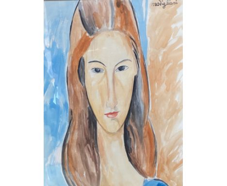 In the style of Modigliani, modern reproduction watercolour on board, bust portrait of a lady, in a gilt glaze frame, 49cm x 