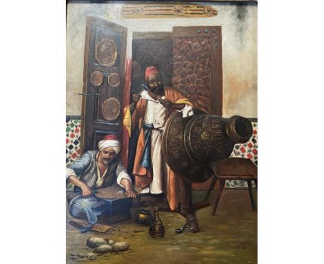 Two oils of Arabic scenes, Tiger Tamer signed D.GOETZ lower right and metal workers, oil on tin and oil on board in matching 