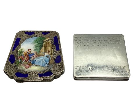 Two continental white metal compacts. One with transfer printed scene marked 800. Together with an engine turned example mark