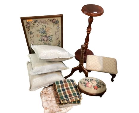 Quantity of general items, house clearance to include needlepoint stools, cushions, torchere, fire screen, etc 