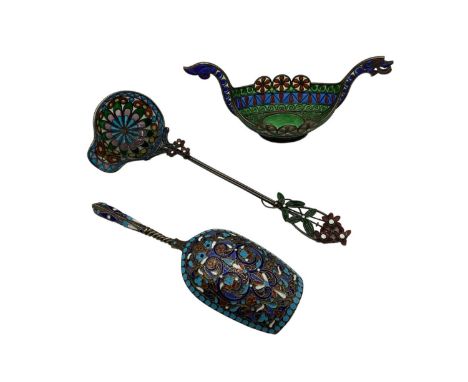 A Late 19th century (1882-1899) Russian silver and enamel  caddy spoon, stamped with standard and city mark to gilt bowl.  to