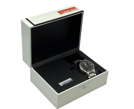 A Certina DS Spel automatic wristwatch. Stainless steel case with black 34mm face with Arabic and baton markers. Stainless st