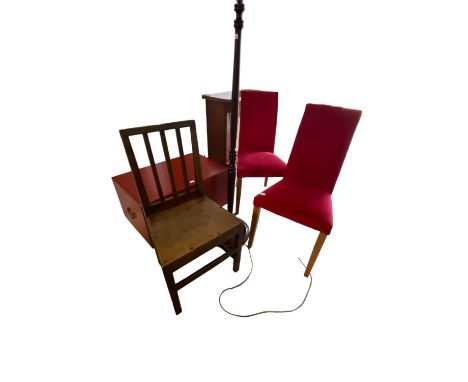 Quantity of general furniture to include a modern red chinese style trunk, a hall side chair, two red side chairs, a standard