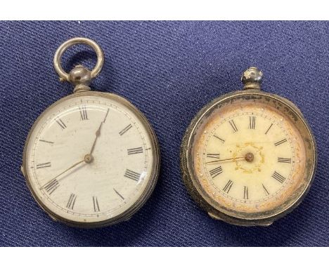 Small silver pocket watch, white enamel dial, not currently working plus a second watch again silver but missing glass face a