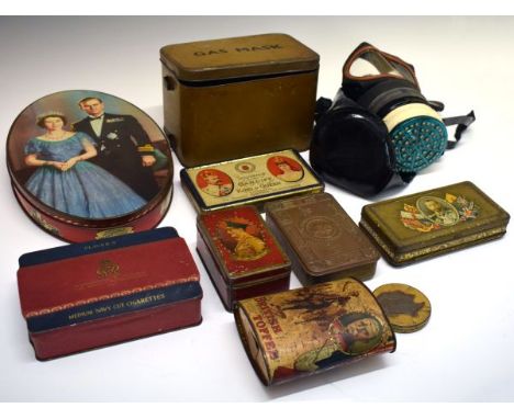 Advertising - World War I Tins - Army and Navy British Toffee, Queen Mary tin, George V tin with striker, plus gas mask tin  