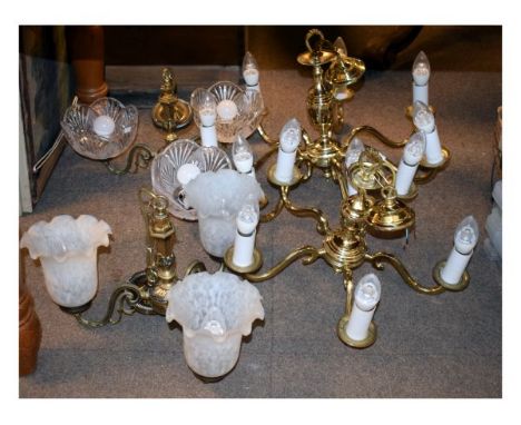 Four various ceiling lights comprising: a brass seven branch electrolier, another five branch example, three branch ceiling l