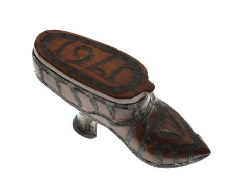 Novelty snuff box in the form of a lady's shoe with inlaid metal, the removable cover with inset date of 1761   Condition: 