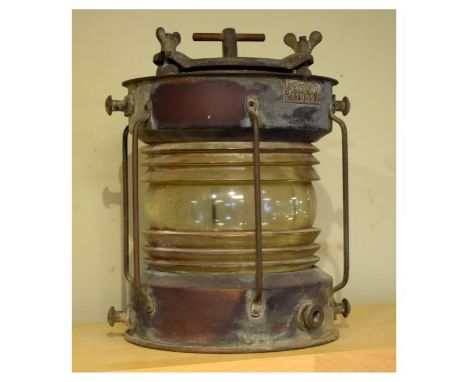 Large copper ships lantern with ribbed glass cylindrical body, plaque stamped Meteorite 119093   Condition: 