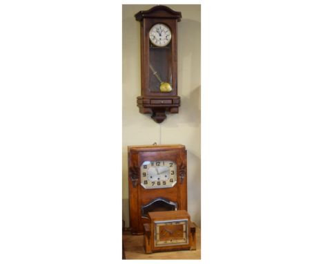 Three assorted clocks, comprising: 1920's oak wall clock, the octagonal Arabic dial marked Veritable Westminster Bidan Vaudry