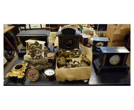 Large collection of clock parts and accessories, to include; French black slate mantel clock with two train movement, three A