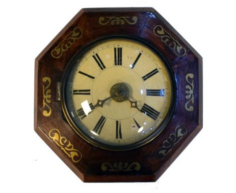 Late 19th Century Black Forest 'postman's alarm' wall clock, the cream painted wooden Roman dial within brass inlaid octagona