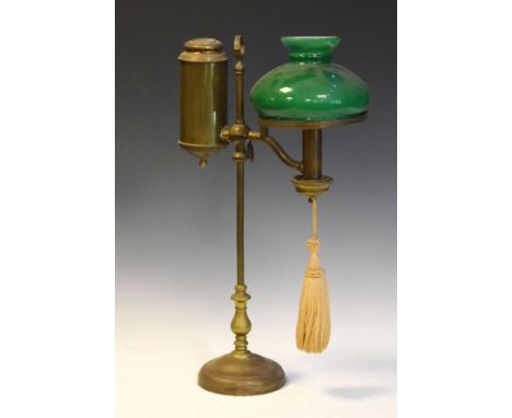 Late 19th Century brass reading lamp having green glass shade on adjustable column, circular foot, 54cm high   Condition: 