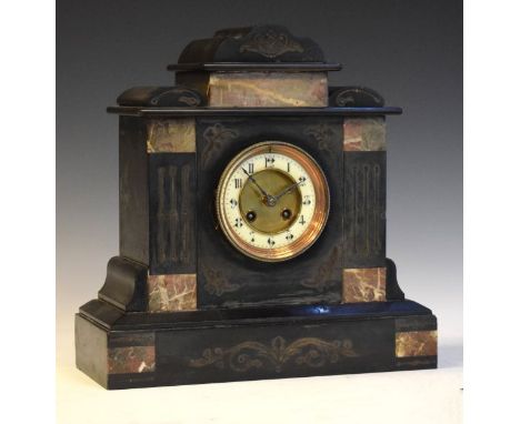 Late Victorian slate and marble mantel clock, the off-white chapter ring having Arabic numerals, 35.5cm high   Condition: 