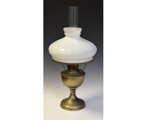 Early 20th Century silver plated paraffin lamp by Famos, with opaque white glass shade and single burner over hour glass base