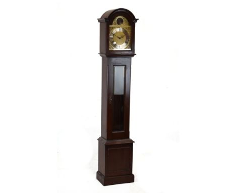 Reproduction chiming grandmother clock by Metamec, the break arched brass dial with silvered Roman chapter beneath tempus fug