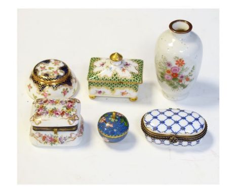 Three ceramic patch boxes with hinged covers and one other Dresden rectangular box and cover, an ovoid vase and small cloison