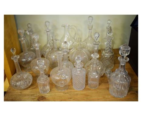 Group of 19th Century and later glass decanters, jugs etc, to include; two 19th Century blown glass spherical examples - each