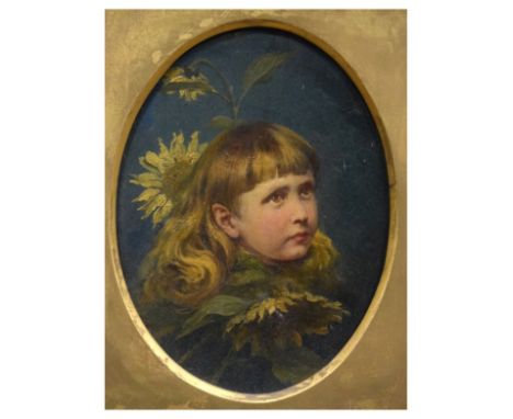 W.Stevenson (19th Century) - Oval oil on board - Portrait of the young Ivor Sant, the long haired boy posed amongst sunflower