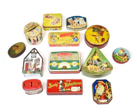 Selection of vintage confectionery and advertising tins to include; Sooty Junior xylophone, Keiller sweet portable radio, Jac