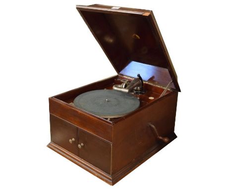 His Masters Voice (HMV) mahogany cased table top gramophone with crank handle, internal plaque of The Phono Exchange, togethe