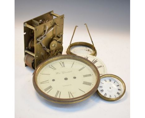 19th Century brass twin fusee clock movement, together with three enamel dials inscribed William Greenhill London, Taunton Ga