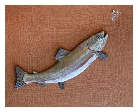 C.D. Nicholls ceramic relief plaque depicting a trout rising to a fly, the rounded body painted in naturalistic colours, sign