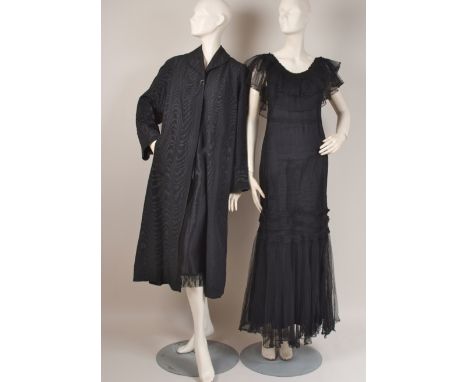 A 1930'S BLACK NET EVENING DRESS AND SILK EVENING COAT A 1930's black net evening dress Bust 34" x 28" Waist x 54" Length (sm