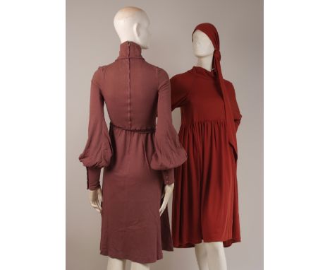 TWO EARLY 1970'S 'BIBA' DRESSES Brown jersey dress Bust 32" x 32" Waist and a light purple jersey dress Bust 30" x 32" Waist.