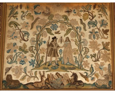 AN EARLY C17TH FRAMED TAPESTRY Dating to the second quarter of the 17th century, worked in silk, mainly tent stitch, raised w