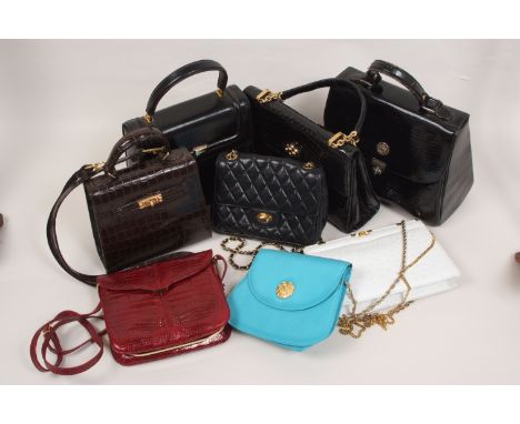 A COLLECTION OF DESIGNER HANDBAGS 'GUCCI' 'BALMAIN' A black patent leather tooled crocodile bag Labelled 'Gucci' inside with 