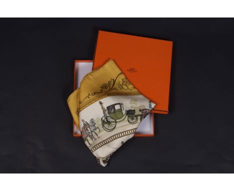 HERMÈS SCARF 'LA PROMENADE DE LONGCHAMPS' BOXED Silk twill, rolled edges, 34.5" x 34"(marked) (1)