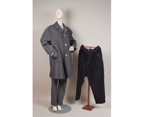 A 'COMME DE GARCON' DENIM SUIT Grey/blue and white denim jacket and trousers Labelled 'Comme de Garcon Homme Plus M'.  And a 