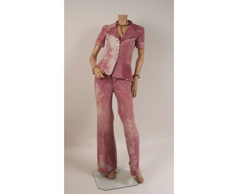 EARLY 1970'S 'BIBA' TROUSER SUIT Marbled dusky pink and stone, heavy cotton 'Biba' trouser suit.  Jacket with back peplum, sh